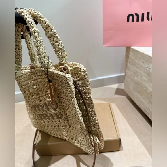 Miu Miu Straw Tote Bag Large Shoulder Bag 31x27cm - Picture 8 of 9